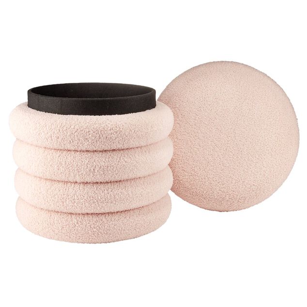 Coffre pouf Clara curly effet laine boucl&eacute;e rose &Oslash;40xH40cm
