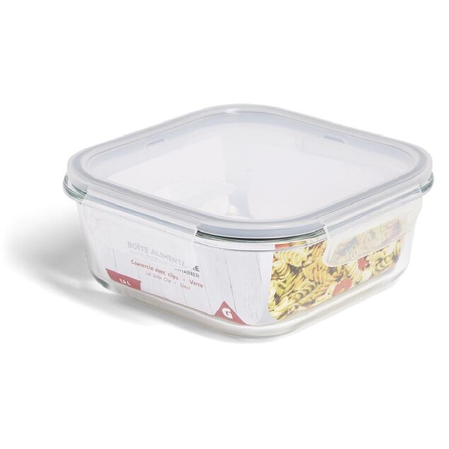 Bo&icirc;te alimentaire carr&eacute;e en verre couvercle plastique clips 1,1L