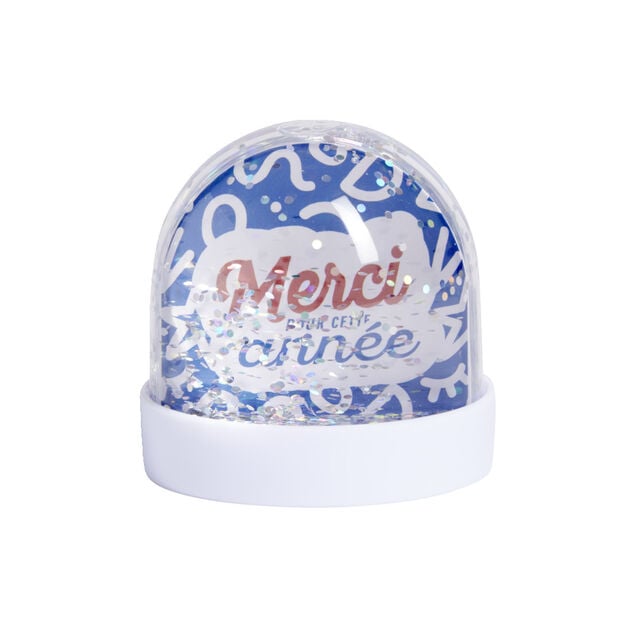 Boule &agrave; neige paillettes Merci pour cette ann&eacute;e bleu