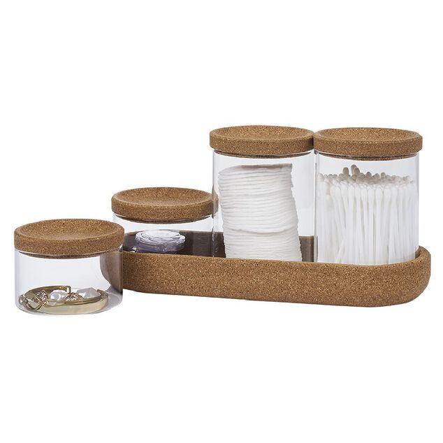 Ensemble bocal en verre x4 avec support en liège 26x10xH8cm