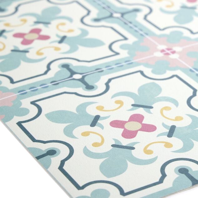 Tapis vinyle rectangulaire motif carreau de ciment beige et bleu 50x100cm