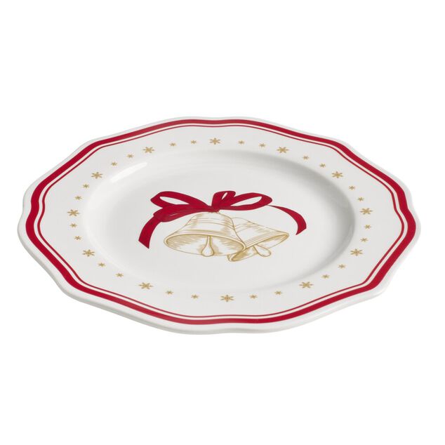 Assiette dessert imprim&eacute; boule de No&euml;l contour vague rouge fa&iuml;ence &Oslash;20 cm