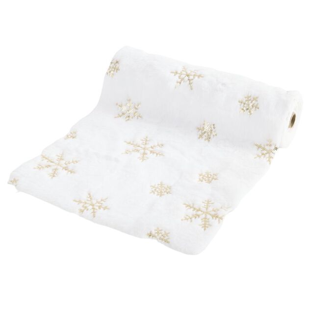 Chemin de table tissu polaire imprim&eacute; &eacute;toiles L300X28 cm blanc et dor&eacute;
