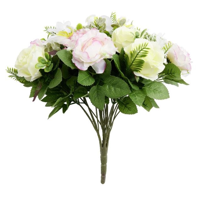Bouquet fleurs artificielles rose/renoncule/orchid&eacute;e 20 tiges H39cm