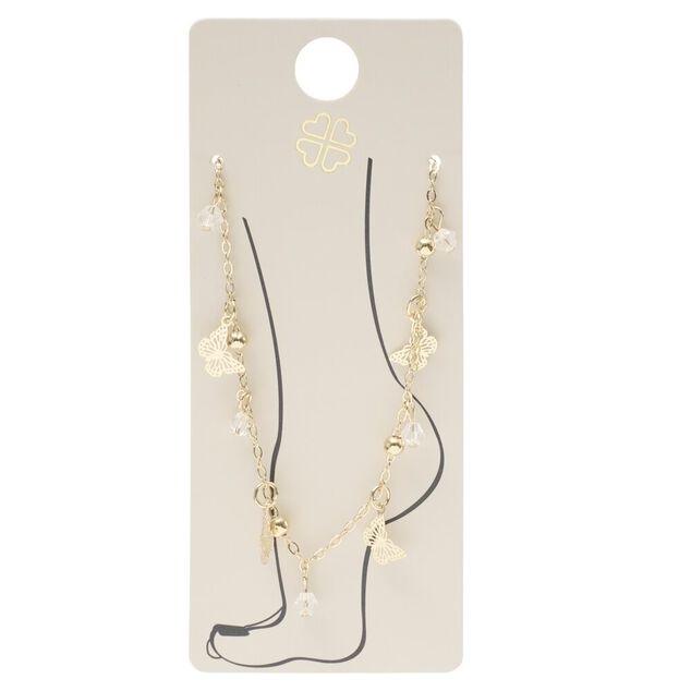 Cha&icirc;ne de cheville dor&eacute;e 2 rangs avec pendentifs perles et papillons