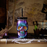 Gobelet verre forme t&ecirc;te de mort couvercle et paille 500 ml