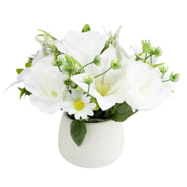Composition florale artificielle en pot rose blanche et lys blanc &Oslash;24xH22cm