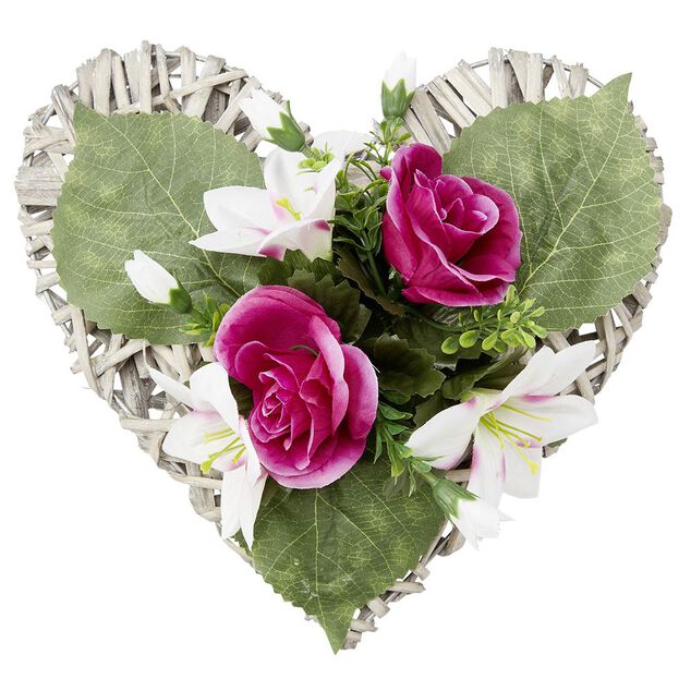 Coeur effet tress&eacute; fleur artificielle rose et lys 30x31xH16cm