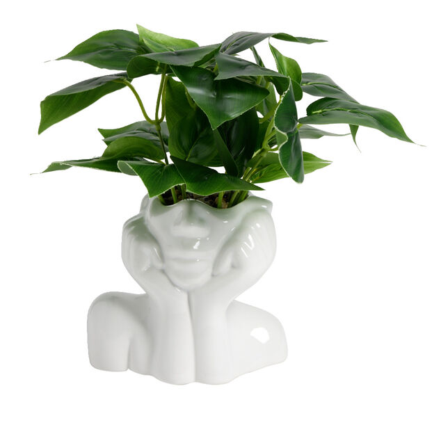 Pot en c&eacute;ramique visage blanc avec plante verte artificielle 14x9xH25cm