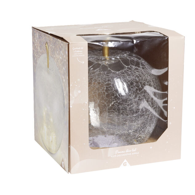D&eacute;coration LED en verre pomme effet craquel&eacute; transparent &Oslash;7xH8cm