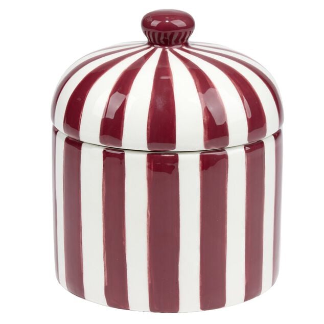 Bonbonni&egrave;re ronde dolomite ray&eacute;e rouge et blanc &Oslash;12xH14cm