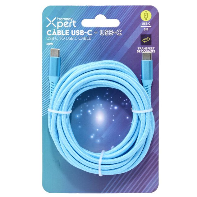 C&acirc;ble de charge USB vers USB-C nylon bleu 3m