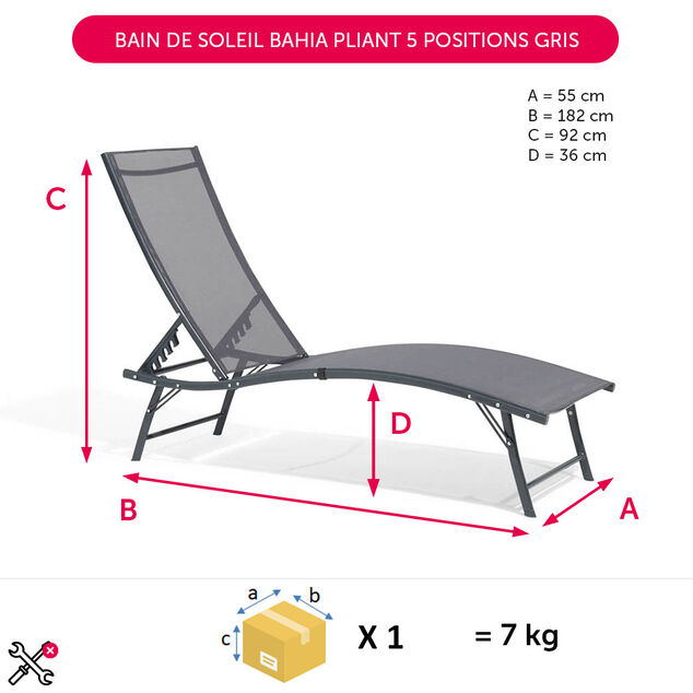 Bain de soleil Bahia pliant 5 positions gris 182x55xH34-92cm