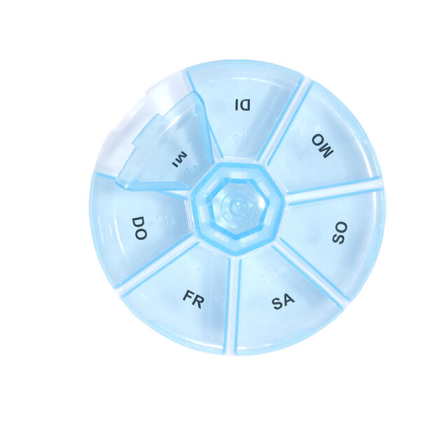 Pilulier 1 semaine 7 compartiments rond plastique bleu Ø8,5cm