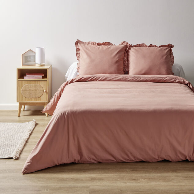 Parure de lit 2 personnes 220x240cm rose uni avec volants