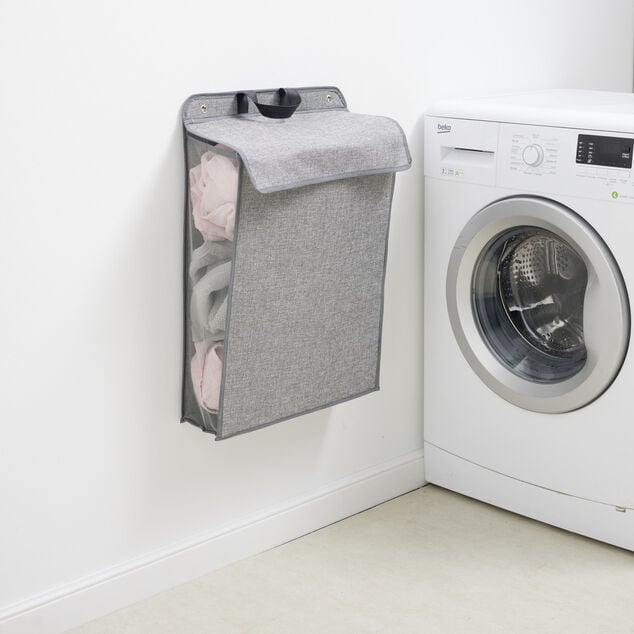 Panier &agrave; linge mural pliant tiss&eacute; gris 40,5x15xH57cm