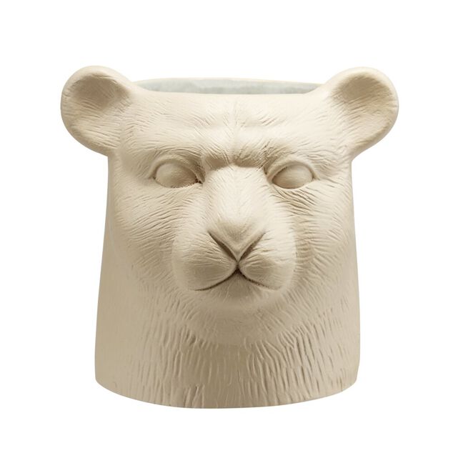 Pot ciment forme t&ecirc;te de tigre beige &Oslash;13xH13,5cm