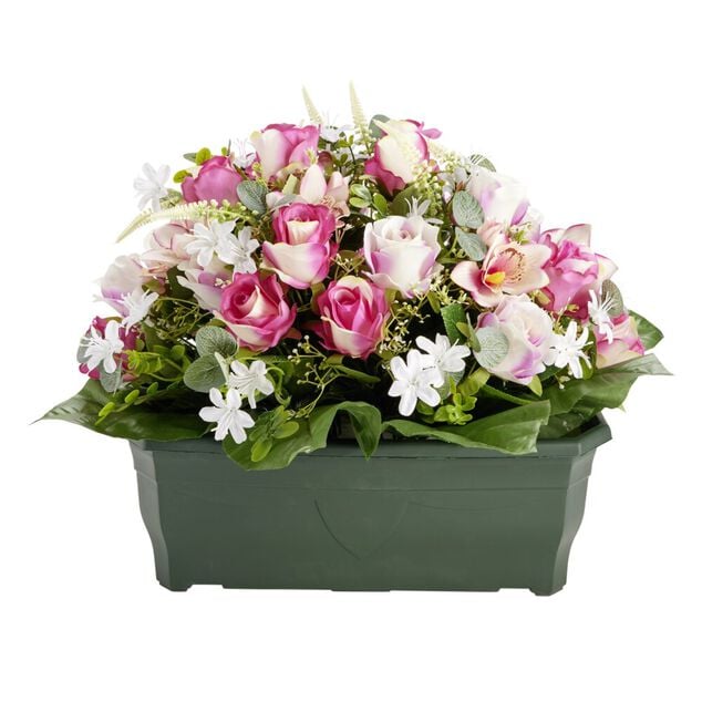 Composition florale artificielle rose orchid&eacute;e bruy&egrave;re jardini&egrave;re L50xH42cm