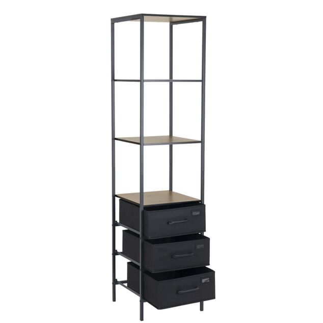 Colonne de rangement salle de bain 3 &eacute;tag&egrave;res 3 tiroirs m&eacute;tal noir 40x40xH167cm