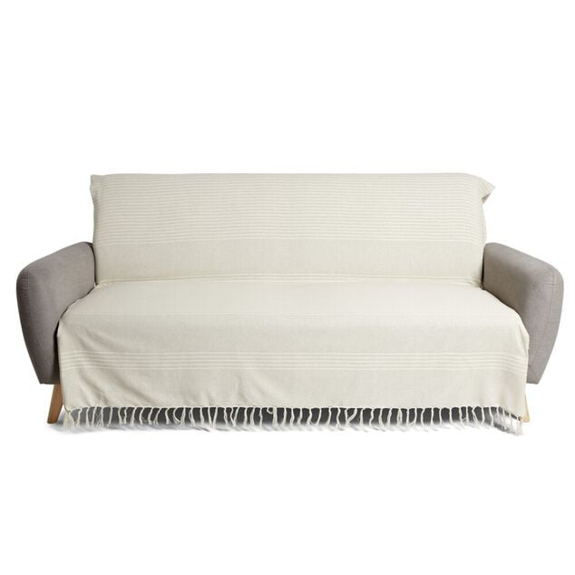 Jet&eacute; de canap&eacute; 170x250cm &agrave; franges 100% coton beige