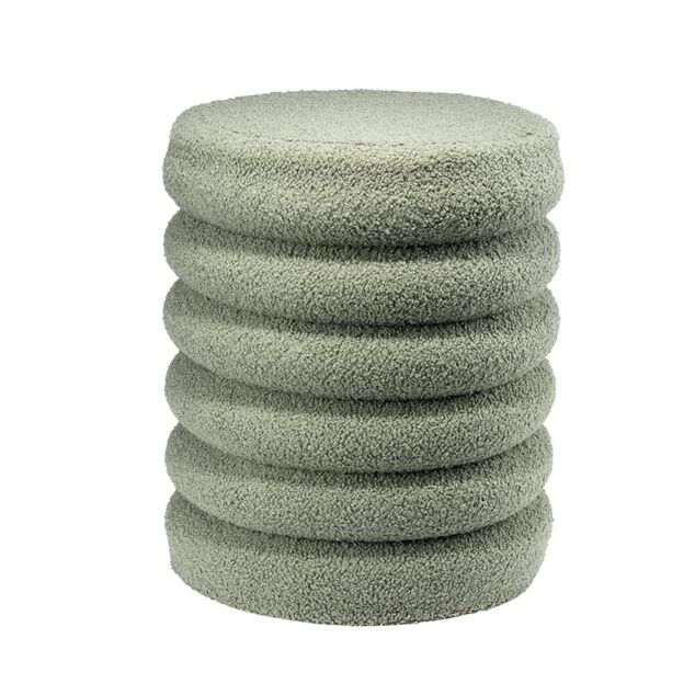 Pouf curly Clara rond effet laine boucl&eacute;e vert kaki &Oslash;38xH42cm