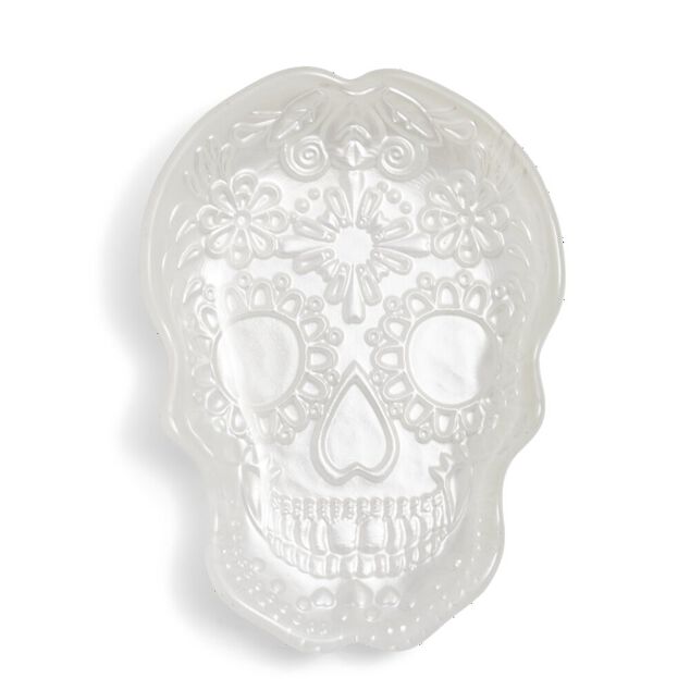 Plat Halloween t&ecirc;te de mort mexicaine en verre blanc 15x11xH2cm