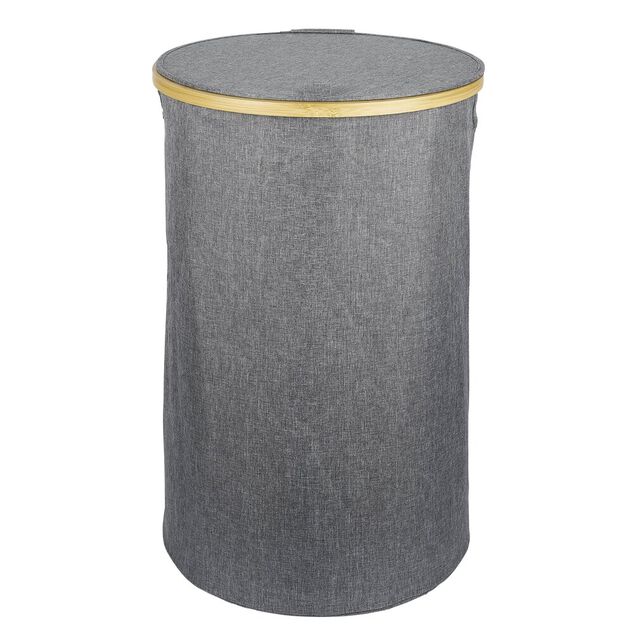 Coffre &agrave; linge rond 75L bambou et polyester gris
