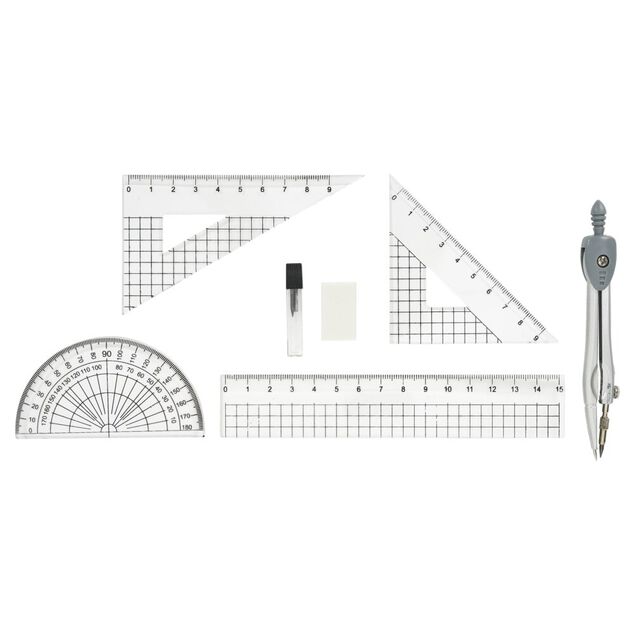 Kit complet compas r&egrave;gle &eacute;querre rapporteur 8 pi&egrave;ces