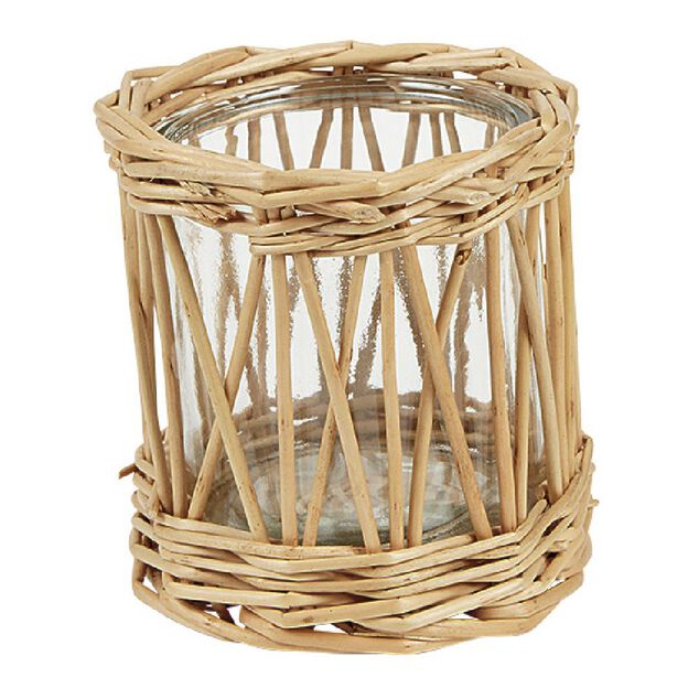 Photophore en verre et rotin tress&eacute;