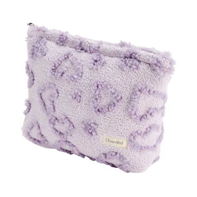 Trousse cosm&eacute;tique sherpa polycoton relief motif coeur violet 26x19cm