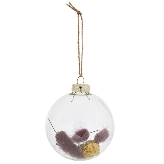 Boule de No&euml;l en verre int&eacute;rieur fleurs s&eacute;ch&eacute;es jaune et rouge &Oslash;8cm