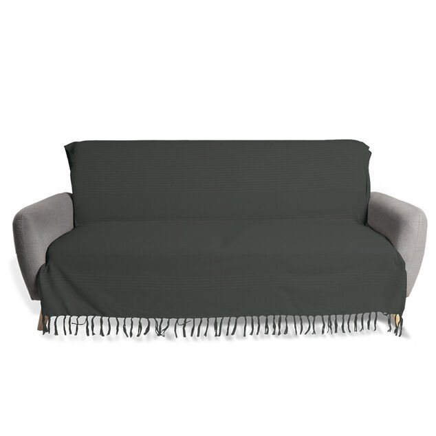 Jet&eacute; de canap&eacute; 170x250cm &agrave; franges 100% coton gris