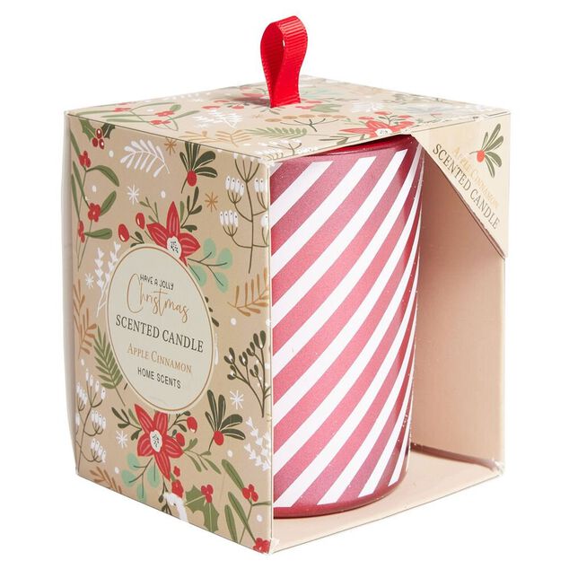 Bougie de Noël dans verre rouge et blanc senteur pomme cannelle 40H - Ø8xH10cm
