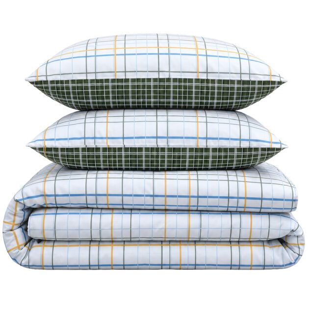 Parure de lit 2 personnes 220x240cm 2 taies 63x63cm coton carreaux blanc et vert