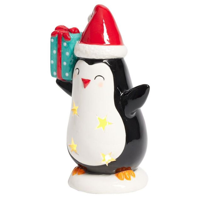 Pingouin de No&euml;l lumineux 1LED c&eacute;ramique noir et blanc H15,5cm