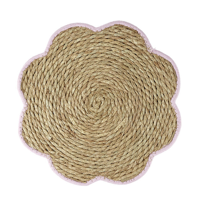 Set de table jonc de mer tress&eacute; et coton forme fleur contour rose &Oslash;38cm