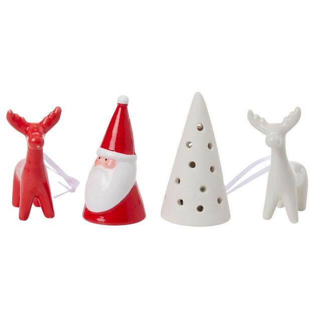 D&eacute;coration lumineuse P&egrave;re No&euml;l cerf sapin porcelaine rouge et blanc x4