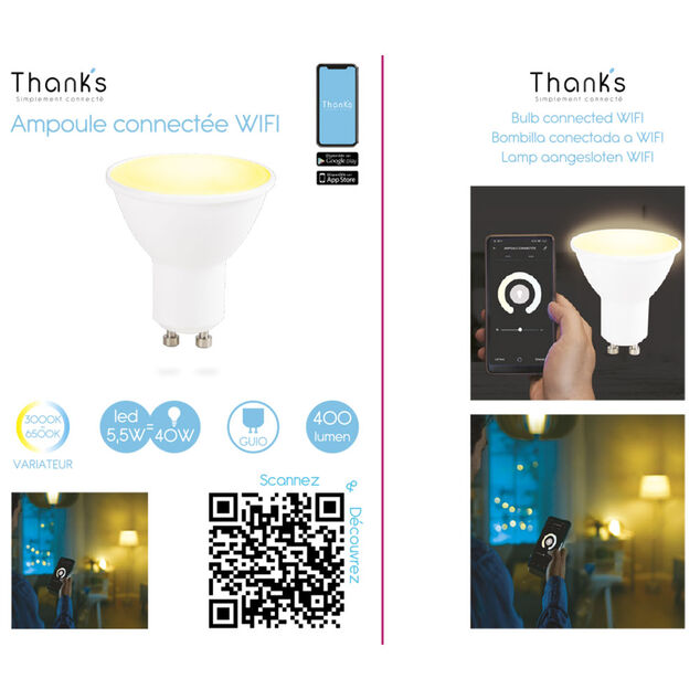 Ampoule LED connect&eacute;e blanc ajustable GU10 40 W
