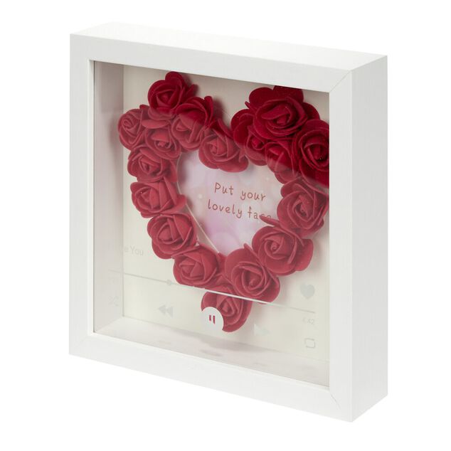 Cadre photo bois blanc avec coeur en roses rouges inscription I Love You 20x20cm