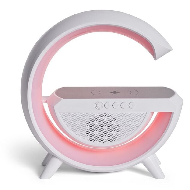 Enceinte multifonction forme G lampe et chargeur à induction