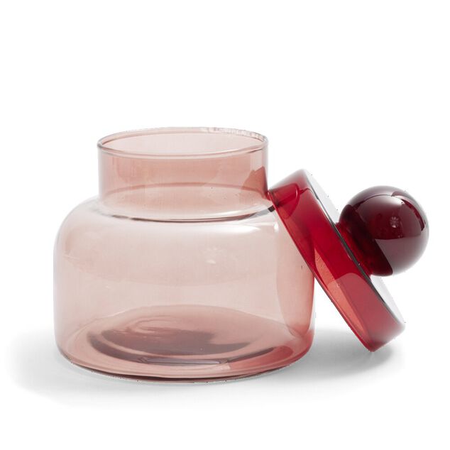 Bo&icirc;te en verre marron + couvercle rose &Oslash;12xH16cm