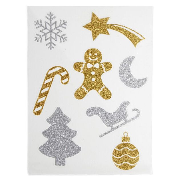 D&eacute;coration fen&ecirc;tre et mur No&euml;l adh&eacute;sive &agrave; paillettes (3 mod&egrave;les)