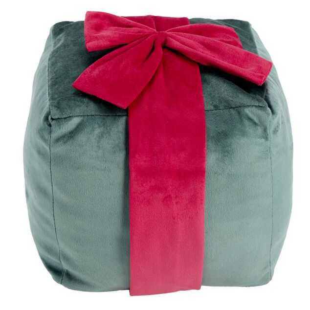 Coussin carr&eacute; forme cadeau de No&euml;l ruban polyester L20X20XH20 cm (2 mod&egrave;les vert ou rose)