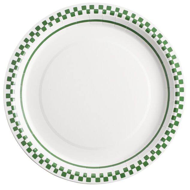 Assiette carton x8 blanc contour quadrillage vert et blanc &Oslash;23cm