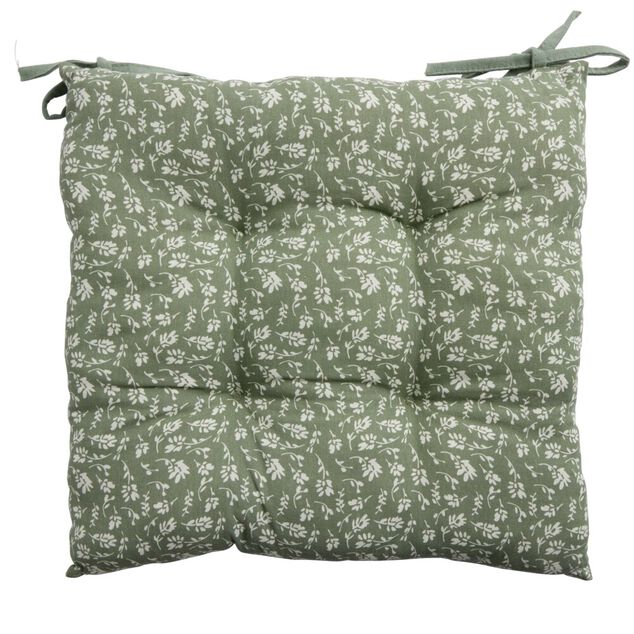 Galette de chaise carrée 38x38cm vert sapin motif floral blanc