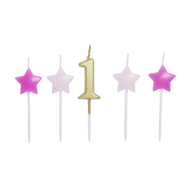 Bougie anniversaire chiffre 1 dor&eacute; avec bougies &eacute;toiles roses