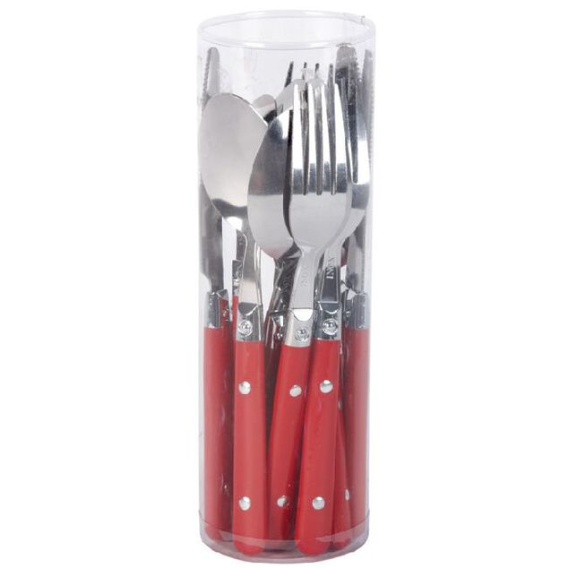 M&eacute;nag&egrave;re 16 pi&egrave;ces inox manche plastique rouge