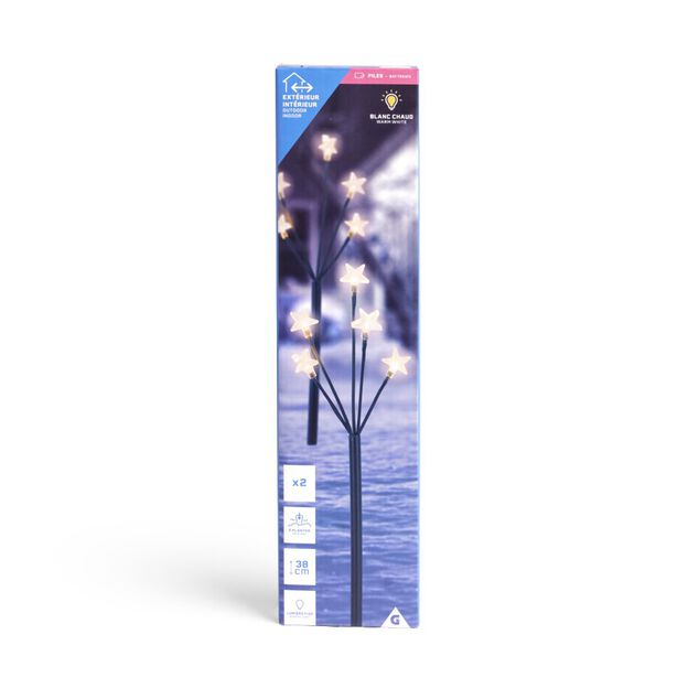 Lot de 2 piques lumineux &agrave; planter 5 tiges &eacute;toile LED blanc chaud H38cm