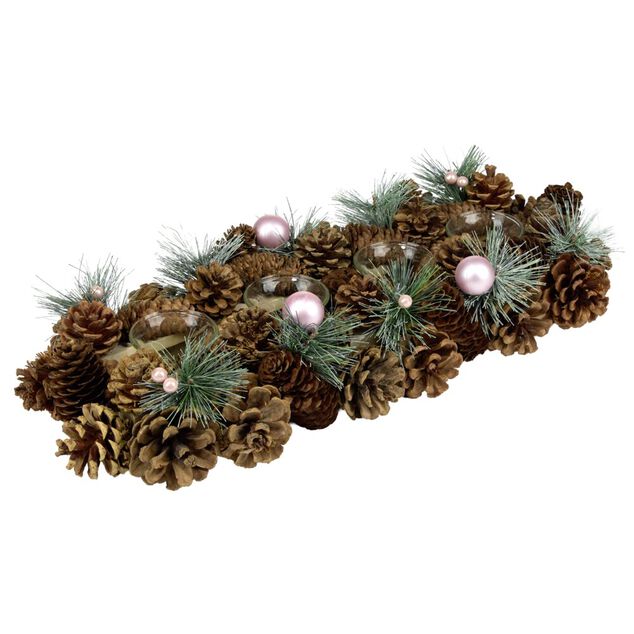 Centre de table d&eacute;coration pin et boules de No&euml;l 4 photophores bois et verre L47X17XH9 cm