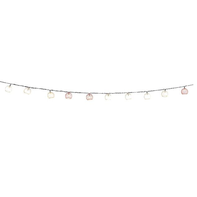 Guirlande solaire 10 boules m&eacute;tal ajour&eacute; rouge et beige L6,7M